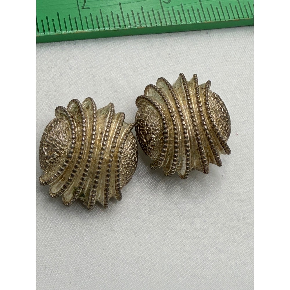 Vintage Silver-Tone Textured Beaded Ridge Dome Clip-On Earrings Statement